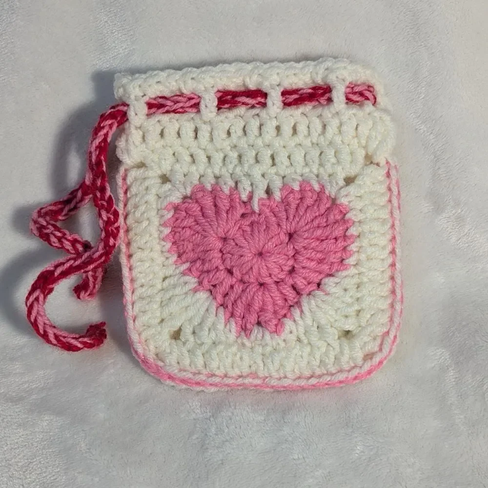 Handmade Crochet Heart Strawberry White Pink Red Green String Pouch Wristlet Bag